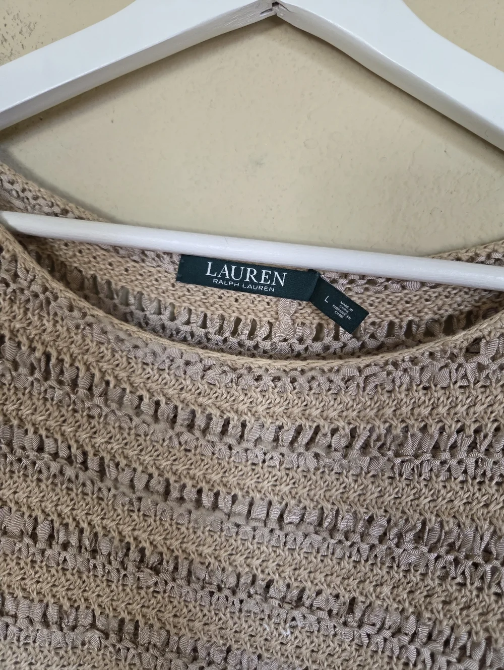 Lauren Ralph Lauren Beige Open-Knit Sweater Crochet Linen Blend